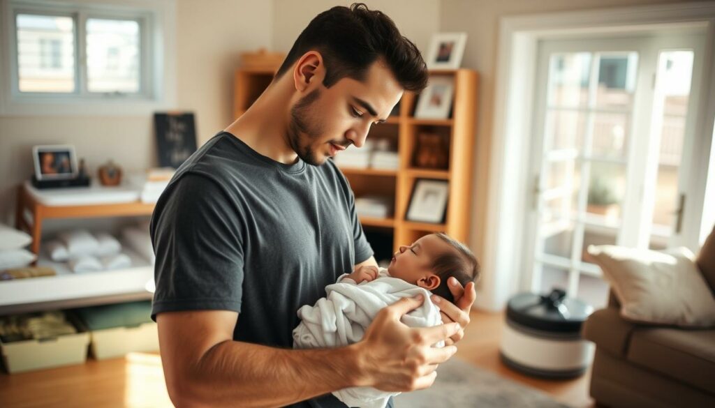 A cozy domestic scene unfolds in a warm, sun-drenched living room. In the foreground, a young father, Wilson Gonzalez, tenderly cradles his newborn baby, gently rocking them to sleep. The middle ground features a neatly organized changing station, with soft fabrics and practical supplies nearby. In the background, a welcoming bookshelf and family photos suggest a comfortable, family-oriented home. The lighting is soft and natural, casting a serene glow over the intimate moment. The composition emphasizes the bond between father and child, capturing the calm, yet profound, shift in Wilson's daily life as he navigates the joys and challenges of new parenthood.