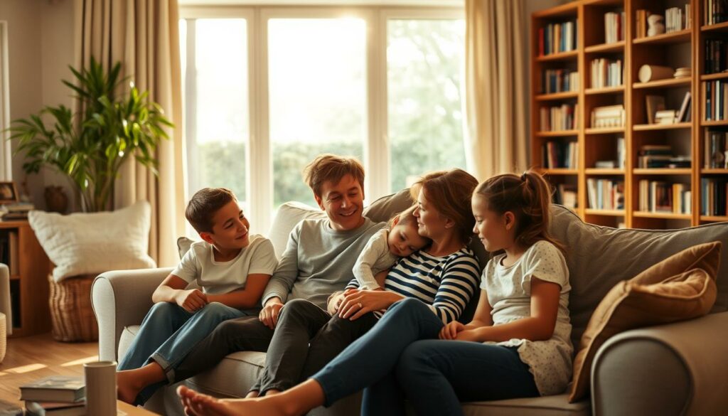 A cozy family gathering in a warm, inviting living room. In the foreground, a middle-aged man and woman, Jens and his wife, seated comfortably on a plush sofa, sharing a moment of intimacy as they gaze lovingly at each other. Their children, a son and daughter, sit nearby, engaged in lively conversation, laughter and playful interactions. The room is bathed in soft, golden lighting, creating a sense of tranquility and contentment. Bookshelves line the walls, hinting at the intellectual and cultural interests of the family. Through a large window, a glimpse of a lush, verdant garden can be seen, adding to the overall atmosphere of domestic bliss.