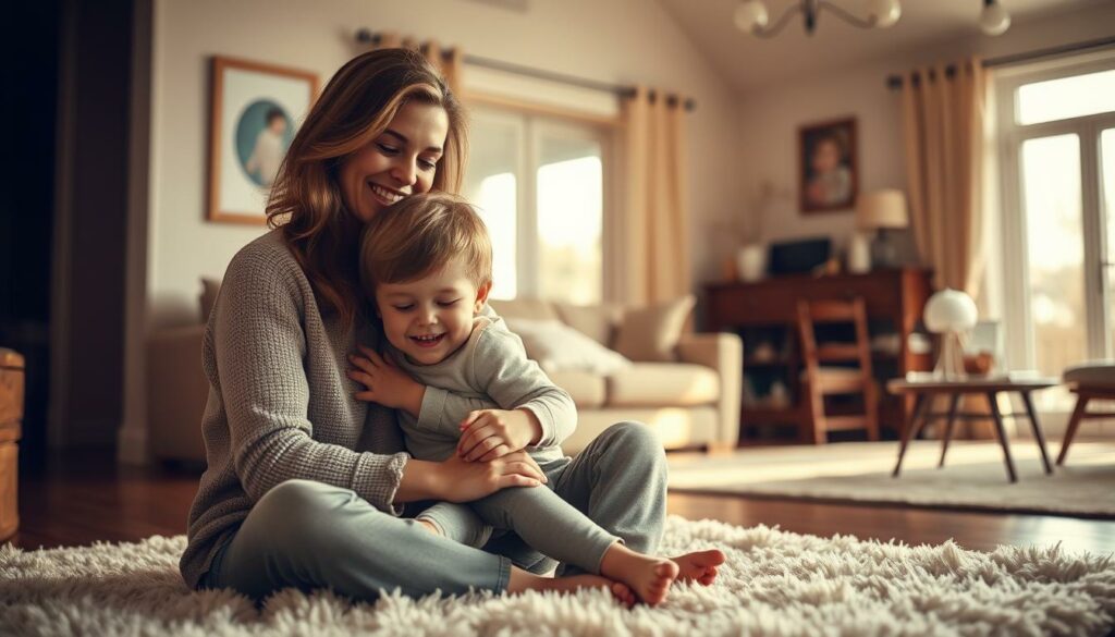 A cozy family scene of Sarah Engels and her children, captured in a warm, natural light. In the foreground, Sarah sits on a plush rug, tenderly embracing her two young kids, their faces filled with joy and affection. The middle ground showcases the inviting living room, with soft-toned furnishings and a large window flooding the space with a golden glow. In the background, hints of a well-appointed home create a sense of comfort and security, reflecting the loving, nurturing environment of this close-knit family.