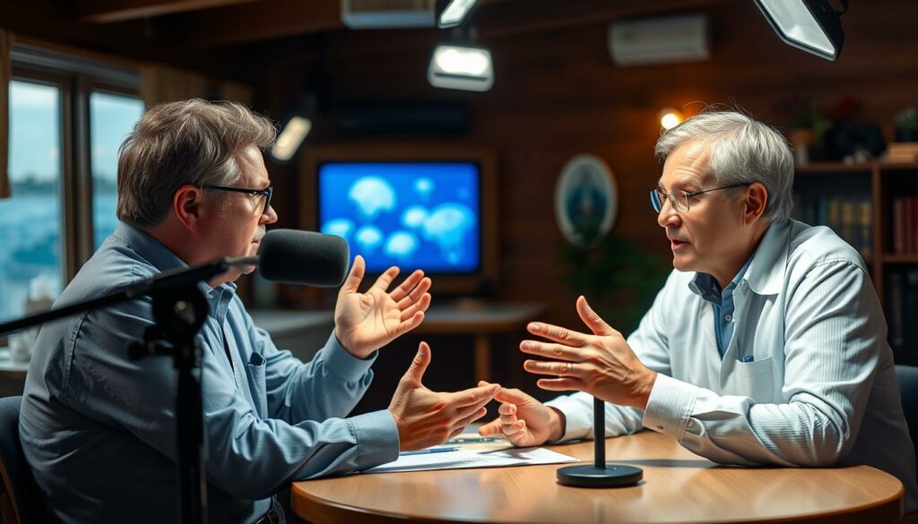 A cozy indoor setting, with two experts in marine biology engaged in a serious discussion. The scene features a well-lit interview setup, with a microphone, camera, and lighting equipment visible. The experts, dressed in professional attire, are seated at a table, gesturing animatedly as they explain the intricacies of the jellyfish phenomenon. The background is blurred, drawing the viewer's attention to the central figures and their conversation. The overall mood is one of calm authority and scientific inquiry, conveying a sense of reassurance and expertise.