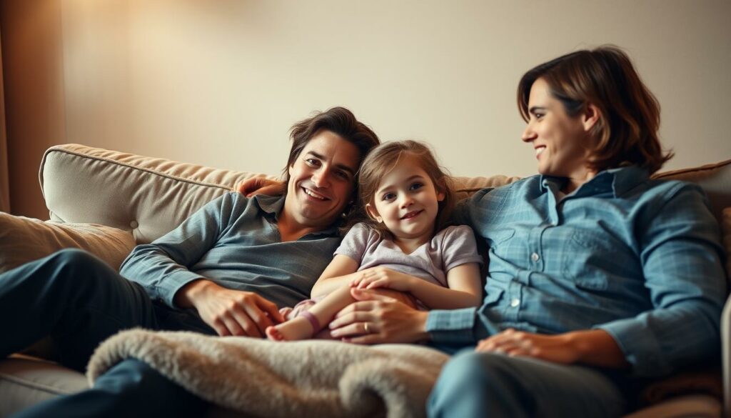 A cozy, intimate family scene of Suri Cruise spending quality time with her parents, Tom Cruise and Katie Holmes, in their New York City apartment. The warm, soft lighting creates a comforting, relaxed atmosphere as they lounge together on a plush sofa, Suri nestled between them. The background features muted, neutral tones, drawing the eye to the central family unit. Suri's expression is one of contentment and joy, reflecting the close, nurturing bond she shares with her famous, yet grounded, parents as they enjoy a typical afternoon of Familienleben in their urban, yet welcoming, home.