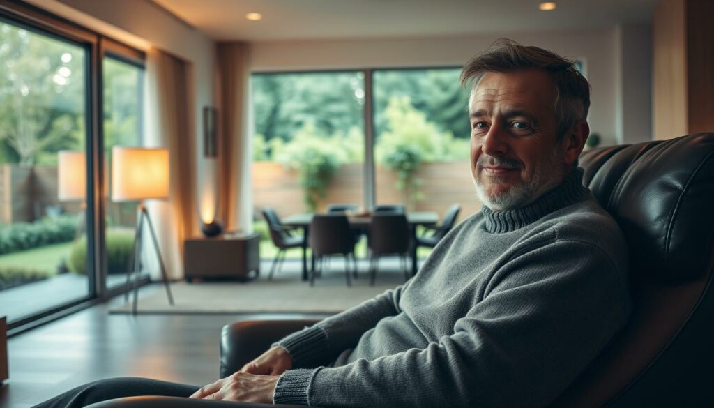 A cozy, intimate scene of Jan Kralitschka in his private life. In the foreground, Jan relaxes on a comfortable leather armchair, dressed casually in a soft sweater, his expression serene and content. Warm, diffused lighting from a nearby floor lamp casts a gentle glow, creating a soothing, introspective atmosphere. In the middle ground, a minimalist, modern living space with sleek, clean lines and muted color tones. Expansive windows offer a view of a lush, verdant garden in the background, hinting at Jan's peaceful, secluded lifestyle away from the public eye. An aura of tranquility and personal fulfillment pervades the scene, reflecting Jan's current state of being "single and happy".