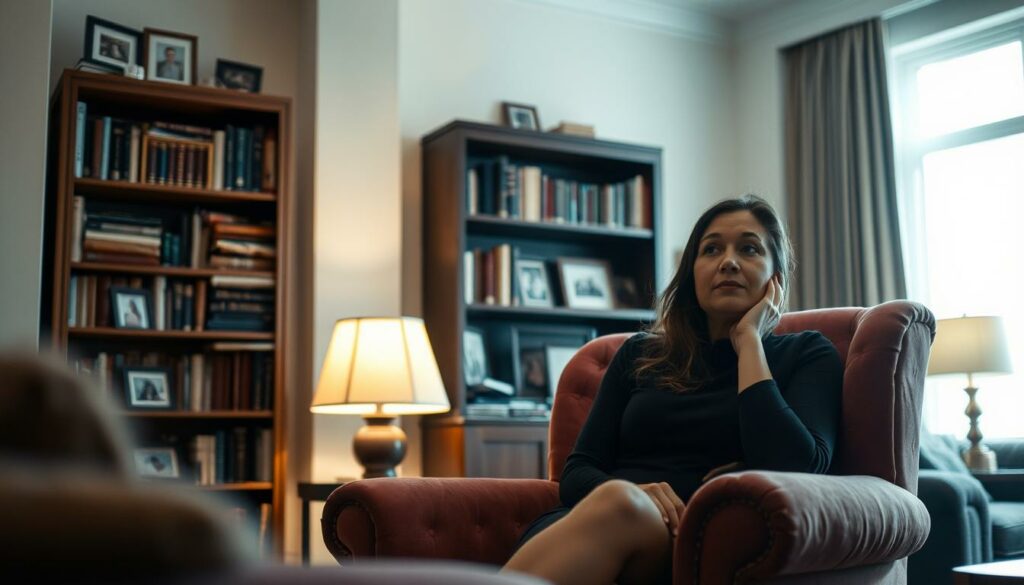 A cozy, intimate scene of a woman's private life and relationships. In the foreground, a woman sits on a plush, velvet armchair, lost in thought, her expression pensive and introspective. Soft, warm lighting from a nearby table lamp casts a gentle glow, creating a tranquil atmosphere. In the middle ground, a bookshelf filled with tomes and framed photographs suggests a life of intellectual pursuits and cherished memories. The background reveals a glimpse of a well-appointed living room, with tasteful furnishings and a large window that allows natural light to filter in, adding to the serene, inviting ambiance. The overall mood is one of quiet contemplation, evoking a sense of the subject's personal journey and the intimate relationships that shape her life.