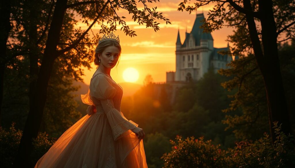 A cozy, nostalgic scene from the classic film "Drei Haselnüsse für Aschenbrödel". In the foreground, the enchanting Libuše Šafránková as Aschenbrödel, her flowing gown and delicate features captured in a gentle, dreamlike light. Surrounding her, a lush, verdant forest bathed in the warm glow of a setting sun, hinting at the fairytale world she inhabits. In the background, the iconic castle silhouetted against a vibrant, honey-colored sky, suggesting the magic and wonder that is about to unfold. The overall mood is one of timeless charm, nostalgia, and the enduring legacy of this beloved character.
