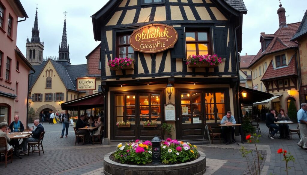 A cozy, old-fashioned German gasthaus with a classic timber-framed facade, warm lighting emanating from the windows, and a charming, hand-painted sign reading "Oldiethek Gaststätte" hanging above the entrance. The scene is set in a quaint, cobblestone town square, with a few patrons seated at the outdoor tables, sipping drinks and enjoying the lively atmosphere. The middle ground features a well-maintained, blooming flower garden, and in the background, the silhouettes of ancient church spires and tiled roofs create a picturesque, historic European backdrop. The overall mood is one of timeless tradition, hospitality, and a sense of community that would have been familiar to a young Horst Lichter during his early days in the restaurant industry.