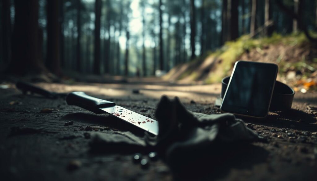 A crime scene investigation with close-up shots of physical evidence: a bloodied knife, a torn piece of clothing, and a damaged mobile phone, all meticulously documented against a blurred background of a secluded forest clearing. Harsh, dramatic lighting casts long shadows, creating a somber, ominous atmosphere. The camera angle is low, slightly tilted, adding a sense of tension and unease. The overall composition draws the viewer's attention to the incriminating details, hinting at the grim events that unfolded here.