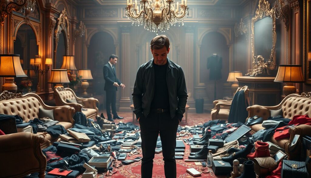 A critical commentary on rampant consumerism, a striking image showcases a lavish, opulent room with ornate furnishings and extravagant decor. In the foreground, a lone figure stands amidst the opulence, their expression one of contemplation and unease, a stark contrast to the indulgent surroundings. The lighting is soft and atmospheric, casting dramatic shadows that emphasize the weight of the subject's introspection. The middle ground features a sprawl of luxury items, from designer clothes and accessories to shiny electronics and expensive trinkets, all seemingly meaningless in the figure's pensive gaze. The background fades into a hazy, dreamlike quality, hinting at the disconnection between material wealth and true fulfillment. The overall tone is one of quiet, unsettling critique, inviting the viewer to reflect on the consequences of mindless consumerism.