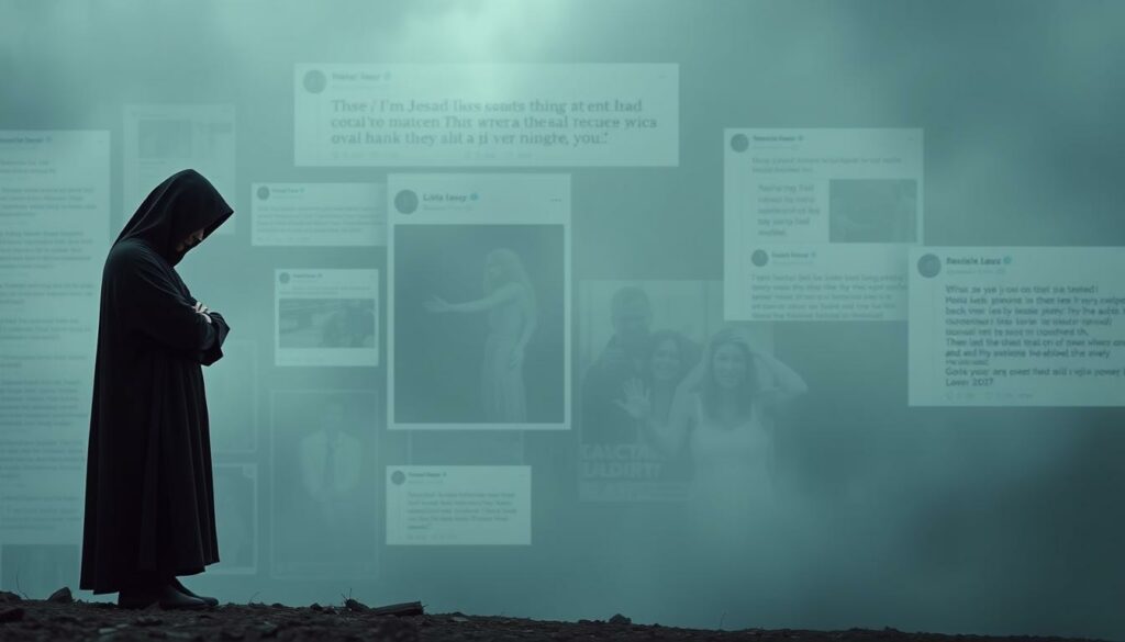 A critical commentary on the viral Jesus trend, depicting a somber, moody scene. In the foreground, a lone figure in a dark cloak stands with arms crossed, their head bowed in contemplation. The middle ground features a collage of social media posts and headlines, hinting at the controversies and divisive opinions surrounding the phenomenon. The background is shrouded in a hazy, subdued lighting, creating a pensive atmosphere. The overall composition conveys a sense of unease and the need for deeper reflection on the broader societal implications of this cultural phenomenon.