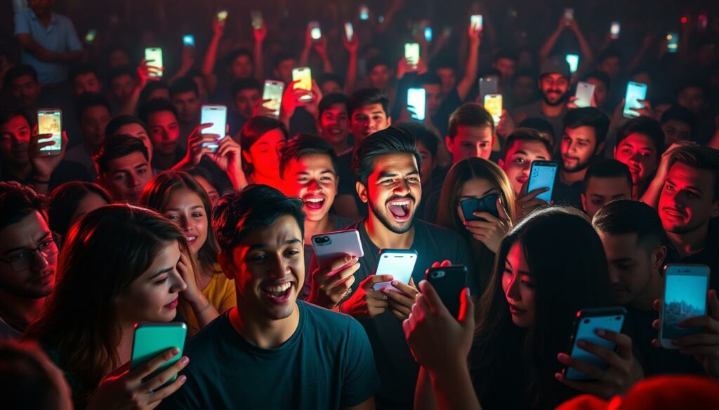 A crowd of diverse social media users, their faces lit by the glow of their smartphone screens, reacting with a range of emotions - from enthusiastic celebration to mocking disdain - to the announcement of a provocative new album release. Vibrant colors, dynamic compositions, and a sense of online community swirling with contrasting opinions. A moody, atmospheric scene that captures the zeitgeist of modern digital discourse.
