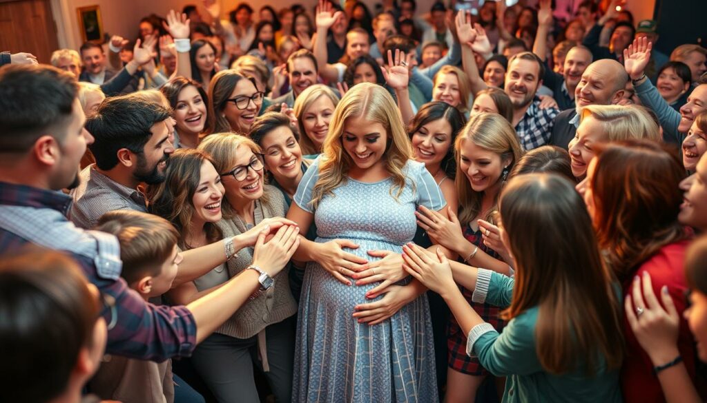 A crowd of enthusiastic fans and coworkers from the popular TV series "BTN" gather to celebrate the pregnancy announcement of their beloved cast member, Pia Trümper. The scene is filled with joyous expressions, warm embraces, and a palpable sense of camaraderie. Vibrant colors and soft lighting create a heartwarming atmosphere, capturing the shared excitement as Pia's colleagues surround her, their hands reaching out to feel the first gentle kicks of the baby within. The image conveys a strong sense of community, with the cast and crew united in their support and happiness for Pia's journey into motherhood.