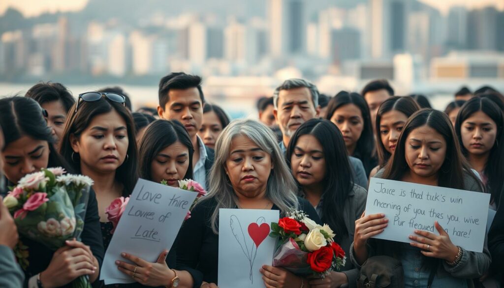 A crowd of people gathered, their faces etched with a mix of grief, shock, and heartfelt condolences. In the foreground, a group of fans clutching flowers and handwritten signs, their expressions conveying the profound impact the TikTok star's passing has had on them. In the middle ground, the star's management team, somber and solemnly reflecting on the tragedy, their body language and thoughtful gazes capturing the weight of their responsibilities. The background is a softly blurred cityscape, hinting at the wider community mourning the loss of a beloved digital icon. The lighting is warm and muted, evoking a sense of reverence and solemnity. The overall scene conveys the emotional outpouring and the complex web of reactions from those closest to the TikTok star's life and legacy.