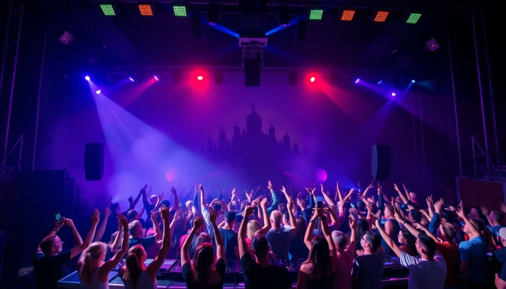 A crowded DJ booth on a dark stage, lit by vibrant spotlights and colored stage lights, conveying a sense of solidarity and unity. DJs of diverse backgrounds stand together, hands raised, their expressions solemn yet determined, as they mourn the tragedy and show support for the Tomorrowland festival. The background is hazy, with a faint silhouette of the festival's iconic main stage in the distance, serving as a poignant reminder of the event's significance. The overall atmosphere is one of somber reflection and a shared commitment to the electronic music community.