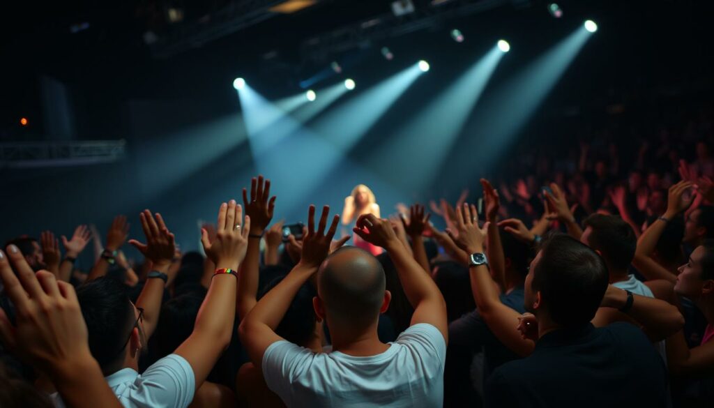 A crowded concert venue, dimly lit with spotlights illuminating the stage. In the foreground, a diverse group of fans react with a range of emotions - some with hands raised in exhilaration, others with expressions of shock or disapproval. In the middle ground, the stage is alive with the electrifying performance of Jennifer Lopez, her movements sensual and captivating. The background is blurred, drawing the focus to the juxtaposition of the audience's contrasting reactions. The scene is captured with a cinematic, documentary-style lens, conveying the raw energy and tension of the moment.