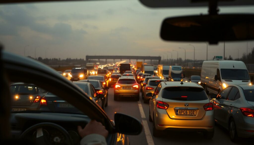 A crowded highway at sunset, vehicles at a standstill amidst the traffic jam. In the foreground, a car's interior visible, with a frustrated driver and passenger. The middle ground features a diverse array of cars, trucks, and buses, their headlights casting a warm glow. The background depicts a dreary, hazy sky, hinting at the dismal conditions. Diffused lighting creates a somber, realistic atmosphere, emphasizing the tension and stress of being trapped in the "Stau-Hölle" (traffic hell). The scene conveys the challenges and survival strategies needed to navigate such a chaotic and congested driving experience.