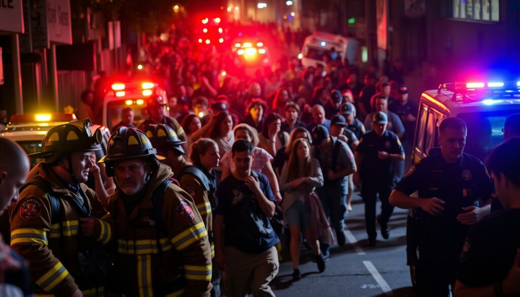 A crowded street at night, emergency vehicles with flashing lights responding to a serious incident. In the foreground, a team of firefighters in full gear assisting the injured, their faces etched with concern. In the middle ground, a chaotic scene of people fleeing, some clutching their wounds. The background is a blur of motion, with police officers and paramedics rushing to secure the area. The lighting is dramatic, casting long shadows and highlighting the urgency of the situation. The overall mood is one of chaos and tragedy, reflecting the aftermath of a devastating accident.