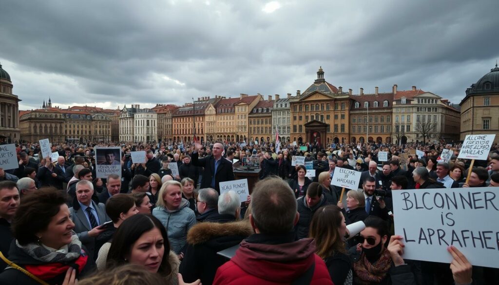 A crowded town square, bustling with political activity. In the foreground, a group of protesters holding signs and banners, their expressions a mix of passion and determination. In the middle ground, a podium where a speaker gestures animatedly, surrounded by a throng of reporters and onlookers. The background is a landscape of historic buildings, their facades casting long shadows under a dramatic, moody sky. The atmosphere is charged with tension and a sense of civic engagement, reflecting the intense public reaction to the controversial event.