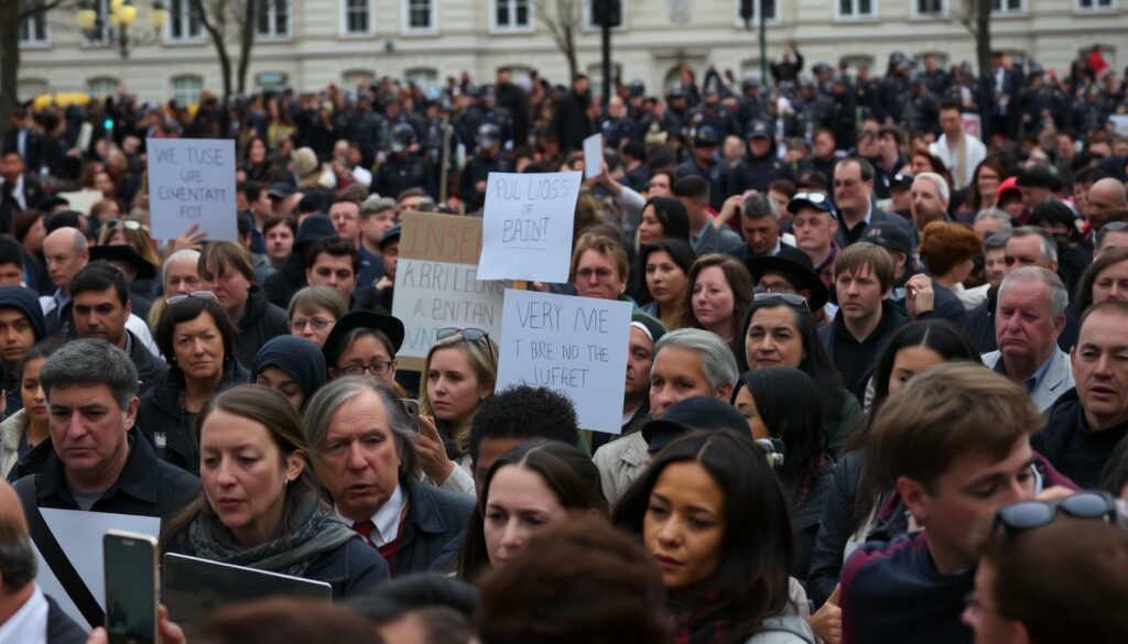 A crowded town square with people gathered, their faces a mix of concern, outrage, and solidarity. In the foreground, a group of protesters hold signs and banners, their expressions intense as they demand justice. The middle ground is filled with onlookers, some with phones raised, capturing the scene. In the background, a row of police officers stand vigilant, their uniforms crisp under the diffused, overcast lighting. The atmosphere is tense, yet there is a sense of determination and unity among the people, as they come together to respond to the unsettling incident.