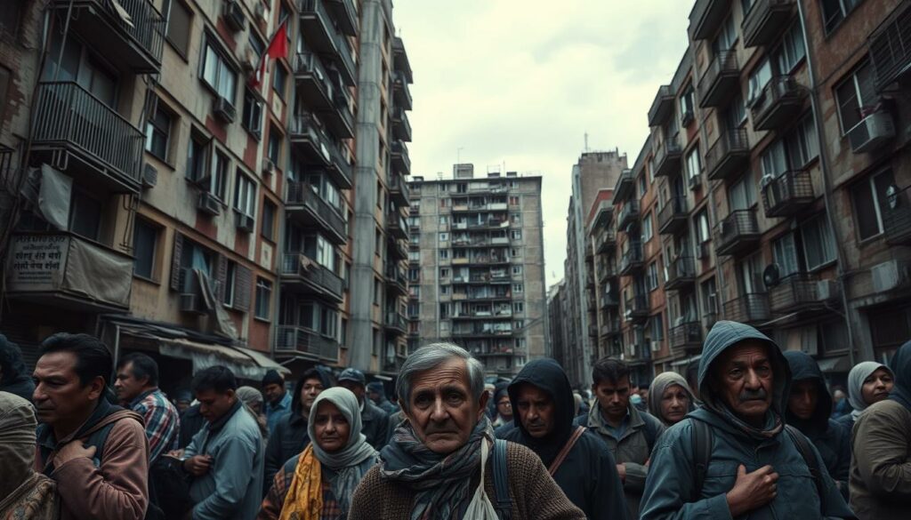A crowded urban scene, with dilapidated apartment buildings in the foreground. Tenants, weighed down by bags and belongings, stand outside their homes, faces etched with worry and despair. The buildings loom oppressively, their peeling paint and crumbling facades hinting at the financial strain of high rents. In the background, a bleak, overcast sky casts a somber mood, reflecting the plight of the residents. Harsh, directional lighting emphasizes the shadows and highlights the lines of exhaustion on the tenants' faces, conveying the heavy toll of exorbitant housing costs. The composition emphasizes the sense of confinement and lack of opportunity, capturing the dire consequences of unaffordable rents for those struggling to make ends meet.