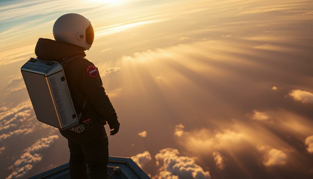 A daring Felix Baumgartner, clad in a sleek spacesuit, stands poised on the edge of a high-altitude platform, his gaze fixed on the vast expanse before him. The Sun's golden rays filter through wispy clouds, casting a warm glow over the scene. In the distance, the curvature of the Earth looms, a testament to the sheer scale of Baumgartner's impending feat. Tension permeates the air as the final moments tick away, the world holding its breath in anticipation of this historic skydive. The mood is somber, yet resolute, as Baumgartner prepares to push the boundaries of human achievement one last time.
