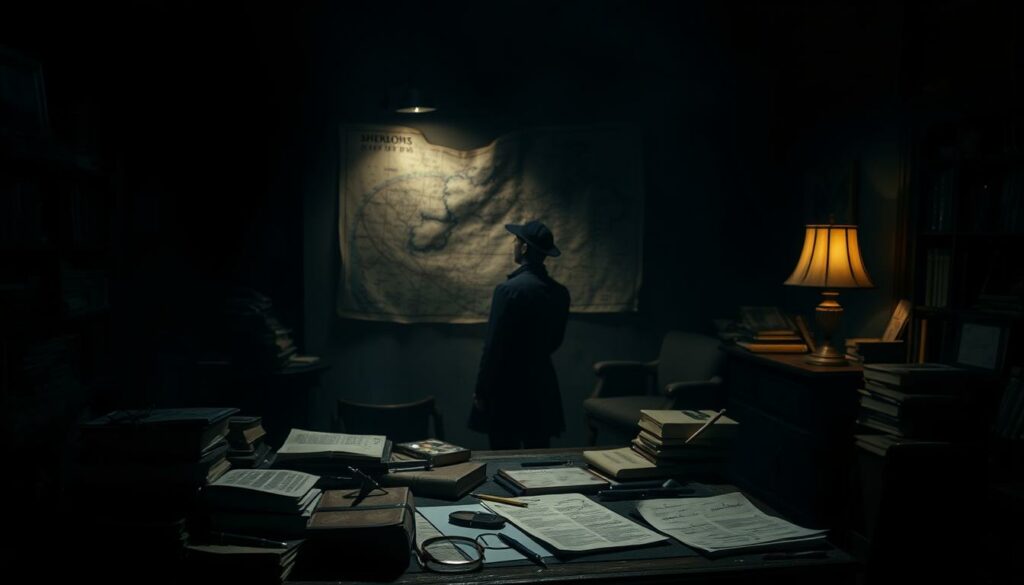 A dark and brooding interior, dimly lit by a single lamp casting flickering shadows. In the foreground, a cluttered desk strewn with books, papers, and a magnifying glass - the tools of a brilliant, yet eccentric detective. In the middle ground, a shadowy figure stands contemplating a map pinned to the wall, deep in thought as he ponders the next twist in the mystery. The background is shrouded in mystery, hinting at the unseen forces at work. The atmosphere is one of intrigue, suspense, and the thrill of the chase as Sherlock Holmes, the world's greatest detective, speculates on the next chapter of his adventures.