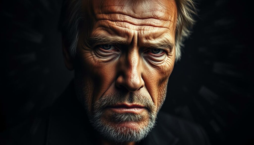 A dark and brooding portrait of Clint Eastwood, his weathered face etched with the weight of controversies. In the foreground, a tight close-up captures the actor's piercing gaze, hinting at the complexities and scandals that have shadowed his illustrious career. The middle ground is shrouded in a moody chiaroscuro, suggesting the shadows of public scrutiny and media attention. In the background, a swirling vortex of news headlines and social media chatter, a visual representation of the relentless cycle of controversy and debate that has surrounded the iconic actor-director. The overall tone is one of tension and unease, reflecting the tumultuous nature of Eastwood's public life.