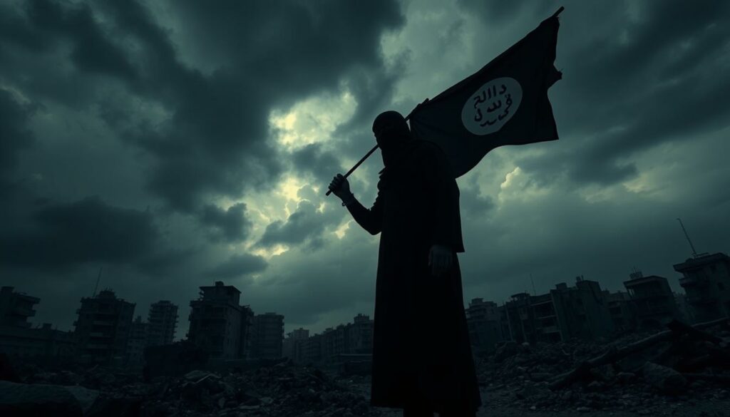 A dark and foreboding cityscape, with ominous clouds looming overhead. In the foreground, a shadowy figure in a black robe and mask, holding a flag emblazoned with the symbol of the Islamic State. The figure stands amidst a scene of destruction, with crumbling buildings and debris scattered around. The lighting is low and dramatic, casting deep shadows and creating an atmosphere of tension and unease. The camera angle is slightly low, emphasizing the imposing presence of the figure. The overall tone is one of dread and a sense of impending danger, reflecting the subject of the article's section on the connection to the Islamic State.