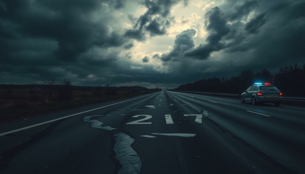 A dark and foreboding highway, the A57 Autobahn stretches out into the distance, its tarmac scarred by the remnants of historic accidents. In the foreground, skid marks and debris litter the scene, a haunting reminder of the tragedies that have unfolded here. The sky is heavy with storm clouds, casting a somber, almost ominous, glow over the landscape. A lone police car, its lights flashing, stands as a silent witness to the events that have transpired. The mood is one of solemnity and reverence, a testament to the lives lost and the lessons learned on this treacherous stretch of road.