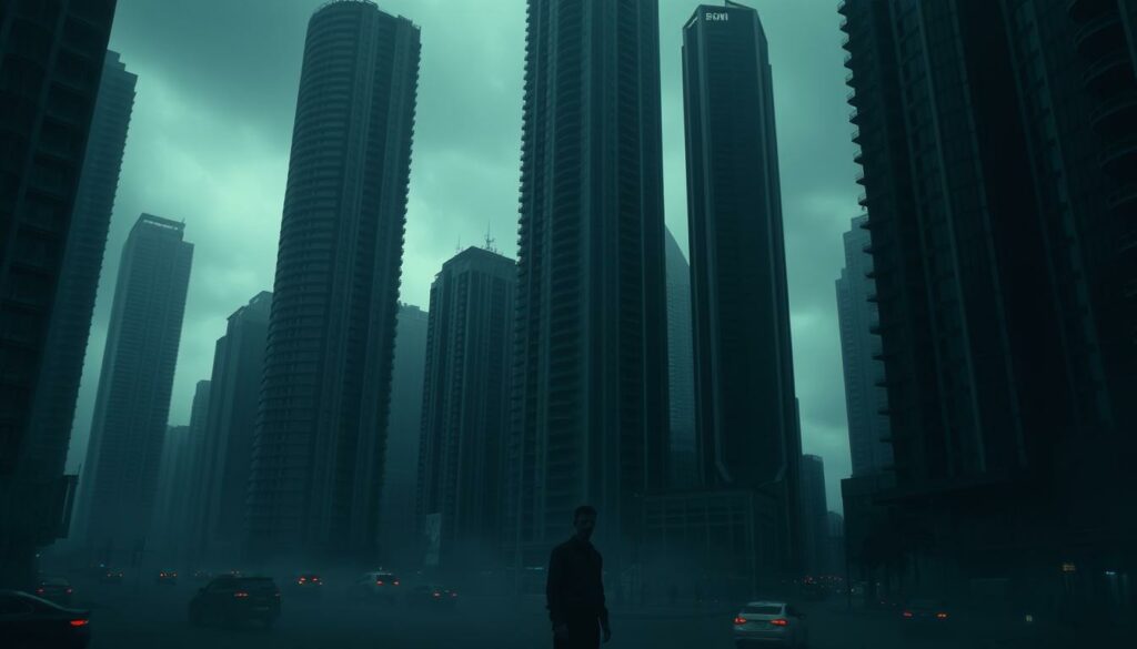 A dark and gloomy cityscape of Dubai, shrouded in a haze of uncertainty. Towering skyscrapers cast long shadows over the streets below, their glass facades reflecting the distorted images of a city in turmoil. In the foreground, a lone figure stands amidst the chaos, their face obscured by the swirling mist, symbolizing the delayed investigation and the unanswered questions that linger. The scene is bathed in a somber, muted palette, evoking a sense of unease and the lingering shadows of a tragedy. The image should convey a sense of unresolved tension, hinting at the underlying story of the missing person and the slow progress of the authorities in uncovering the truth.