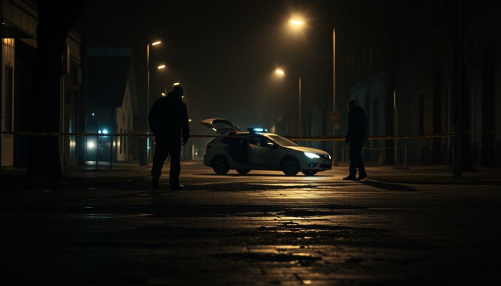 A dark and gritty crime scene, bathed in the soft glow of street lamps and flashing police lights. The pavement is stained with unsettling evidence, as investigators meticulously comb the area for clues. In the distance, a nondescript sedan sits ominously, its doors ajar, hinting at the abduction that took place. The mood is tense, the atmosphere heavy with unspoken dread. Shadows loom, obscuring the full truth of what transpired on this fateful night in the heart of the city. This is the backdrop for the unsettling "Hintergründe Tat" - the investigation into a brazen kidnapping, the search for answers amidst the disturbing aftermath.