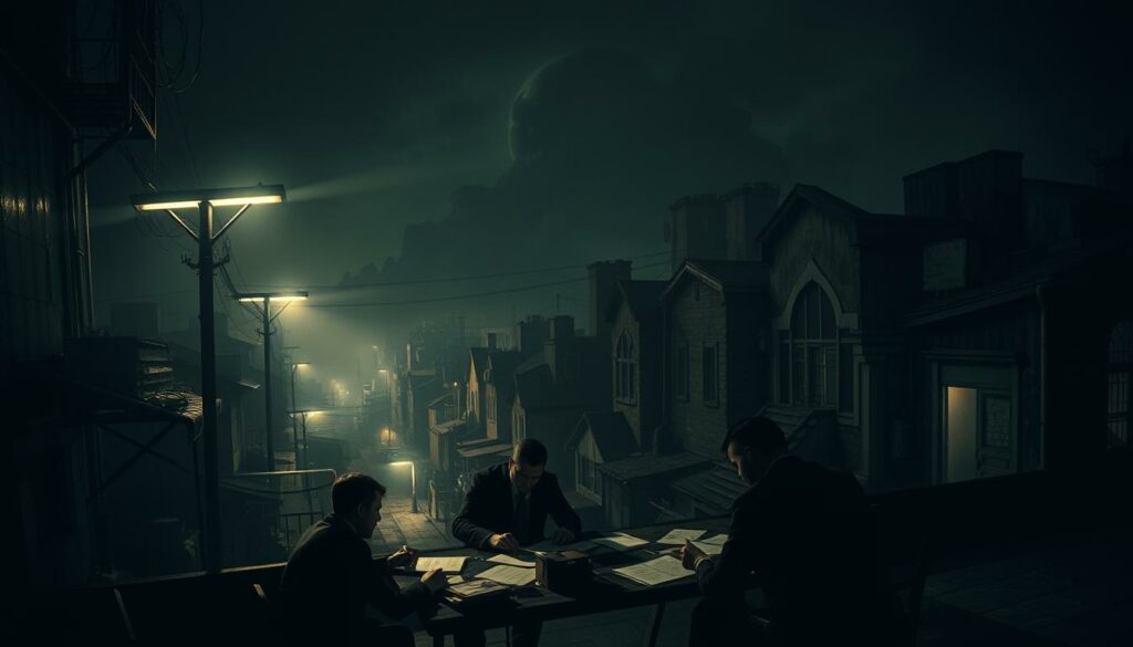 A dark and gritty urban scene, illuminated by the harsh glare of fluorescent streetlights. In the foreground, a group of shadowy figures huddled around a table, poring over documents and exchanging furtive whispers. The middle ground reveals a maze of alleyways and dilapidated buildings, hinting at a complex web of illicit activities. In the background, a looming sense of unease and foreboding, as if the entire scene is cloaked in a veil of secrecy and deceit. The lighting is stark and unforgiving, casting deep shadows that obscure the true nature of the proceedings. The overall atmosphere is one of tension, intrigue, and the unsettling feeling that something nefarious is afoot.
