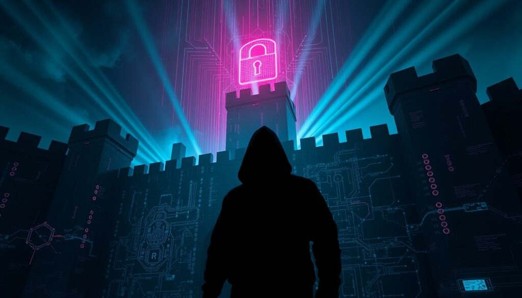A dark and ominous digital fortress, its towering walls and fortified defenses symbolizing the urgent need for robust cybersecurity measures. In the foreground, a lone hacker, shadowy and cloaked, serves as a stark reminder of the ever-present threat of digital extortion. Beams of neon-hued light pierce the gloom, illuminating a complex array of security protocols and encryption algorithms, signifying the technological countermeasures required to safeguard against such malicious attacks. The scene exudes a sense of unease and vigilance, underscoring the critical importance of proactive defensive strategies in the face of the growing digital crime epidemic.