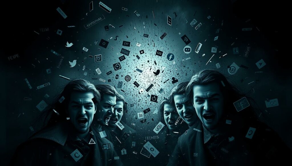A dark, chaotic digital storm rages against a backdrop of relentless social media criticism. Jagged shards of text and symbols lash out, conveying the intensity of the public backlash. Harsh lighting casts sharp shadows, heightening the sense of volatility and outrage. Faces of anonymous, judgemental figures emerge from the digital maelstrom, their expressions contorted with disgust and disapproval. The overall atmosphere is one of overwhelming, unforgiving scrutiny - a "shitstorm" of unbridled criticism and shaming.