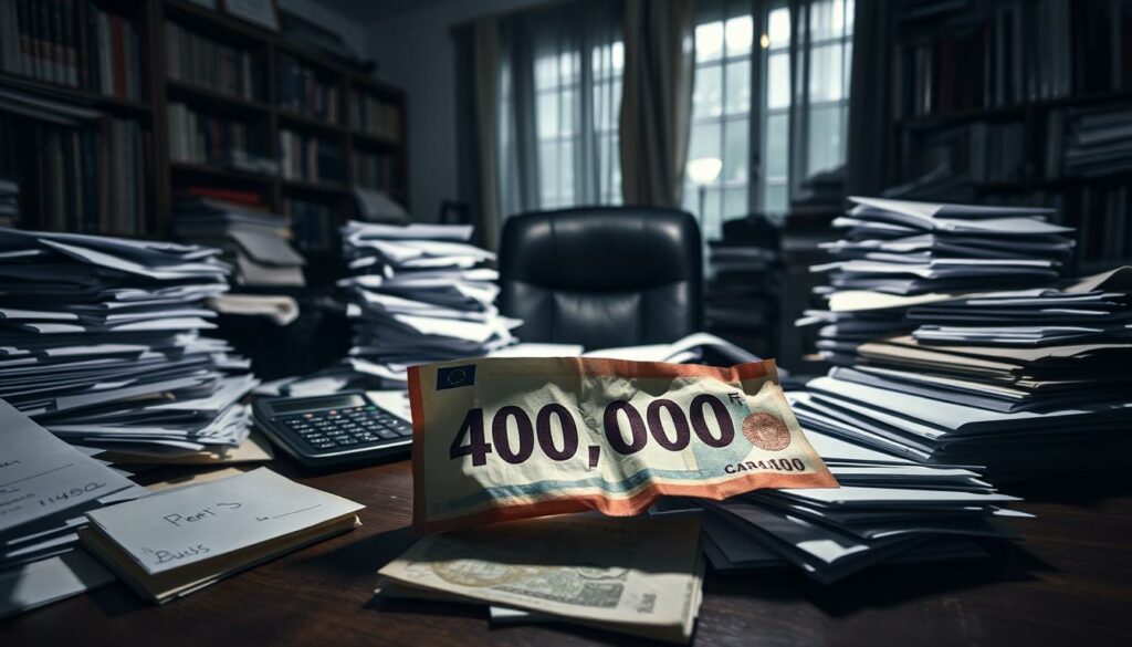 A dark, cluttered home office with stacks of documents, unopened envelopes, and a calculator on a messy desk. In the foreground, a crumpled 400,000 euro bill sits amidst the clutter, casting an ominous shadow. The room is dimly lit, creating a sense of financial unease and despair. The walls are lined with bookshelves, hinting at a once-organized life now consumed by debt. The scene conveys the weight and burden of these overwhelming financial troubles, set against the backdrop of a once-prosperous household.