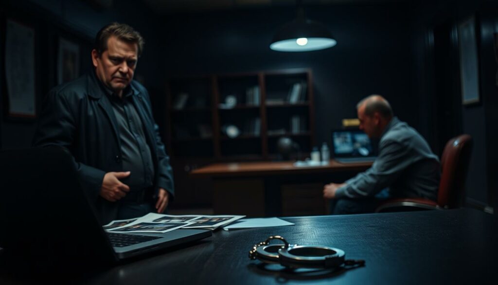 A dark, dimly lit police station interior with officers examining evidence and interrogating a suspect. In the foreground, a desk with a laptop, crime scene photos, and a pair of handcuffs. In the middle ground, two detectives, one standing with a stern expression, the other sitting across the table, leaning forward intently. The background is blurred, suggesting a sense of urgency and focus. The lighting is harsh, casting dramatic shadows, creating a tense, serious atmosphere. The scene conveys the gravity of the investigation and the gravity of the situation.