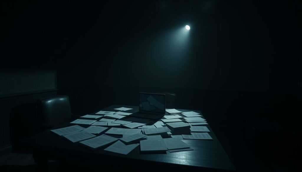 A dark, dimly lit room with a sense of unease and suspicion. In the center, a table with scattered documents and a lone laptop, casting an eerie glow. Shadows creep along the walls, hinting at hidden agendas. The lighting is dramatic, with a single spotlight illuminating the table, drawing the viewer's attention to the potential deception at hand. The atmosphere is tense, as if the truth is just out of reach, waiting to be uncovered. The camera angle is slightly low, adding a sense of tension and foreboding. The overall mood is one of uncertainty and the need to unravel a complex web of deceit.