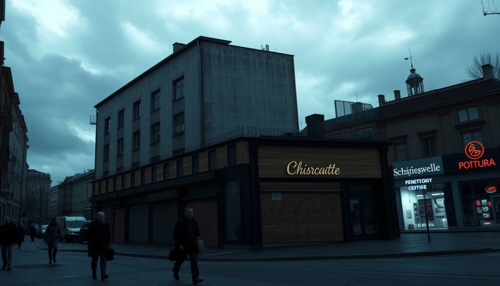 A dark, gloomy cityscape with a row of boarded-up and abandoned storefronts, their windows and doors shuttered, conveying a sense of economic decline and business failure. In the foreground, a few lonely pedestrians shuffle past, their expressions somber, reflecting the melancholic atmosphere. The sky is overcast, casting a somber, muted light over the scene. In the distance, a few remaining open businesses struggle to stay afloat, their neon signs flickering weakly against the bleak backdrop. The overall impression is one of a once-vibrant commercial district succumbing to the "Schließungswelle" - a wave of business closures that has swept through the area.