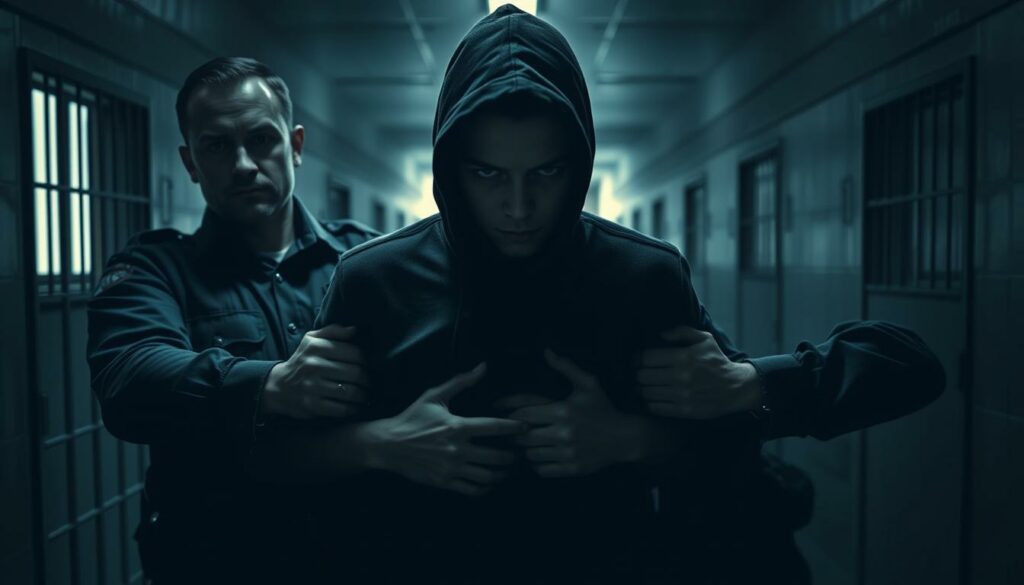 A dark, gritty scene of a young suspect being apprehended by law enforcement. In the foreground, a hooded figure is restrained by two stern-faced officers, their hands firmly gripping the suspect's arms. The middle ground reveals the stark, institutional setting of a juvenile detention facility, with barred windows and a utilitarian hallway stretching out behind the arrest. The background is shrouded in shadows, conveying a sense of unease and the weight of the situation. Harsh, directional lighting casts sharp shadows, highlighting the tension and drama of the moment. The overall atmosphere is one of seriousness, consequence, and the gravity of the accused's actions.
