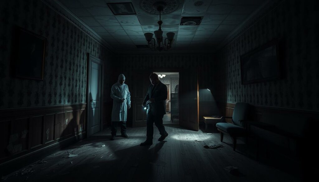 A dark, moody crime scene investigation at a sinister, abandoned house in Zwiesel. Forensic specialists meticulously comb the eerie, dimly lit interior, searching for crucial evidence under the glow of portable lamps. Detectives carefully document the scene, collecting samples and dusting for fingerprints. The atmosphere is tense and foreboding, with unsettling shadows cast across the worn floorboards and peeling wallpaper. The camera captures the intense focus and determination of the investigators as they leave no stone unturned in their pursuit of justice.