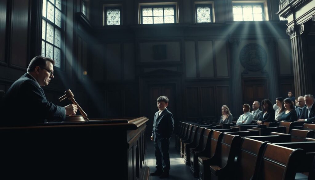 A dark, serious-toned courtroom scene. In the foreground, a stern-faced judge sits behind a wooden bench, gavel in hand. Lamine Yamal, a small-statured individual, stands nervously before the judge, his expression one of trepidation. Sunlight streams in through high windows, casting dramatic shadows across the scene. The middle ground features rows of wooden benches, where a hushed audience observes the proceedings. In the background, ornate, carved columns and a grand, imposing architecture lend an air of gravitas to the setting. The lighting is dramatic, with heavy shadows and highlights, creating a somber, ominous atmosphere befitting the legal consequences Yamal faces.