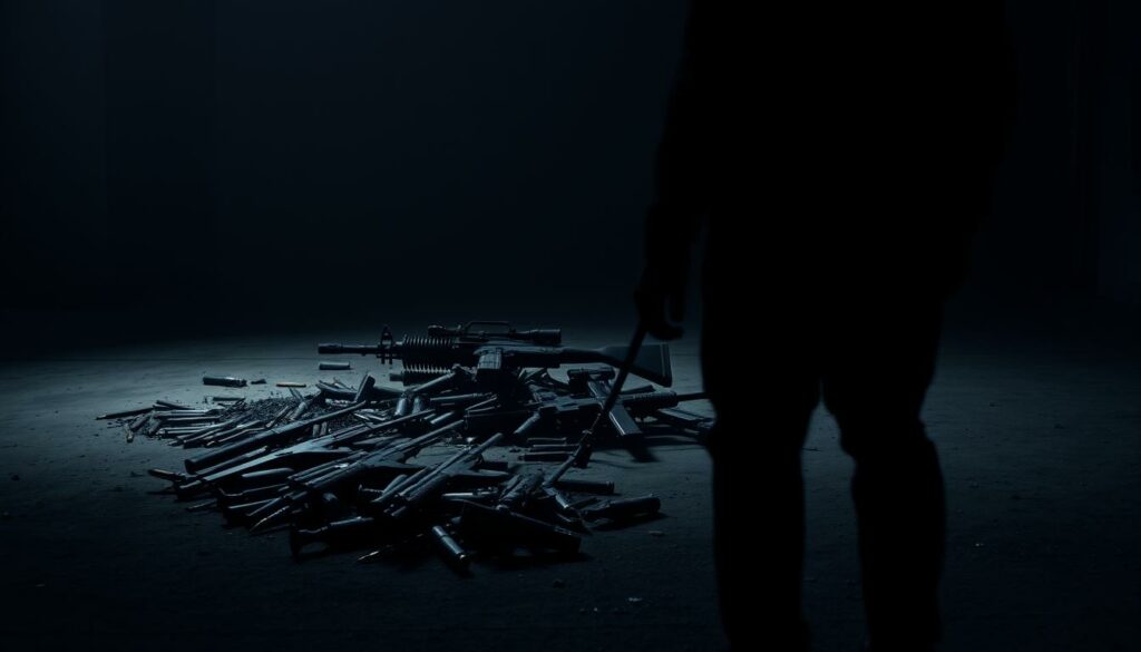 A dark, shadowy figure stands in the foreground, casting a long, ominous silhouette against a dimly lit background. In the middle ground, a pile of military-grade weapons and ammunition lies discarded, as if suddenly halted in their delivery. The lighting is somber, with muted tones and a sense of unease permeating the scene. The overall atmosphere conveys a sense of conflict, uncertainty, and the suspension of a critical military operation. The composition emphasizes the tension and weight of the decision to halt the weapons delivery, creating a powerful visual metaphor for the article's subject matter.