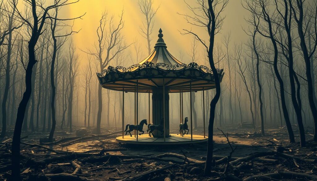 A decrepit, weather-worn carousel emerges from the charred remains of a fairytale forest. Twisted metal and splintered wood testify to the ferocity of the blaze, while a haunting stillness pervades the scene. Skeletal trees reach skyward, their blackened branches casting long, ominous shadows across the devastated landscape. Shafts of golden light pierce the hazy atmosphere, illuminating the desolation in an eerie, melancholic glow. The once-whimsical carousel stands as a somber monument to the destruction, its ruined form a poignant reminder of the fragility of the natural world in the face of such unbridled fury.
