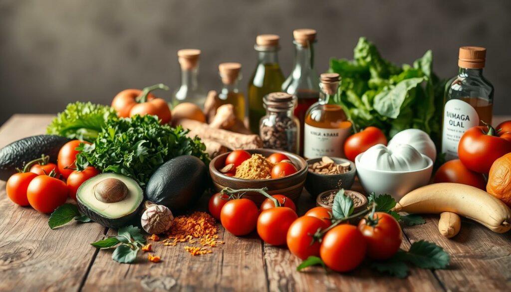 A delicate arrangement of fresh produce, herbs, and spices on a rustic wooden table, illuminated by soft, natural lighting. In the foreground, a variety of vibrant fruits and vegetables, such as avocados, tomatoes, and leafy greens, are carefully placed, representing the nourishing aspects of a migraine-relieving diet. In the middle ground, various seasonings and condiments, like ginger, turmeric, and omega-3-rich oils, are strategically positioned, hinting at the potential therapeutic properties of certain foods. The background features a soothing, muted color palette, evoking a sense of calm and balance, alluding to the holistic approach to managing migraine symptoms through mindful nutrition.