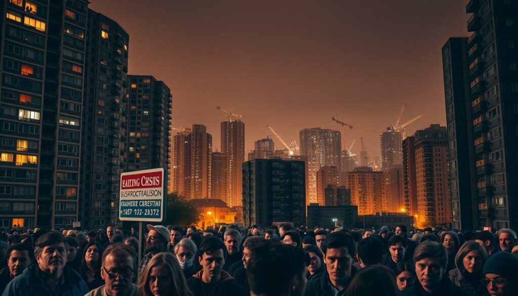 A dense cityscape with towering apartment blocks, their windows illuminating the night sky. In the foreground, frustrated residents gather, their expressions conveying the strain of the housing crisis. Amid the crowd, a realtor's sign stands tall, highlighting the skyrocketing property prices. The scene is bathed in a moody, amber-hued lighting, creating a palpable sense of tension and unease. The middle ground features a mix of modern and older buildings, underscoring the clash between the haves and have-nots. In the distance, the silhouettes of cranes loom, a symbol of ongoing development that seems to benefit only the wealthy. The overall atmosphere evokes a sense of economic disparity and the social strains it generates.