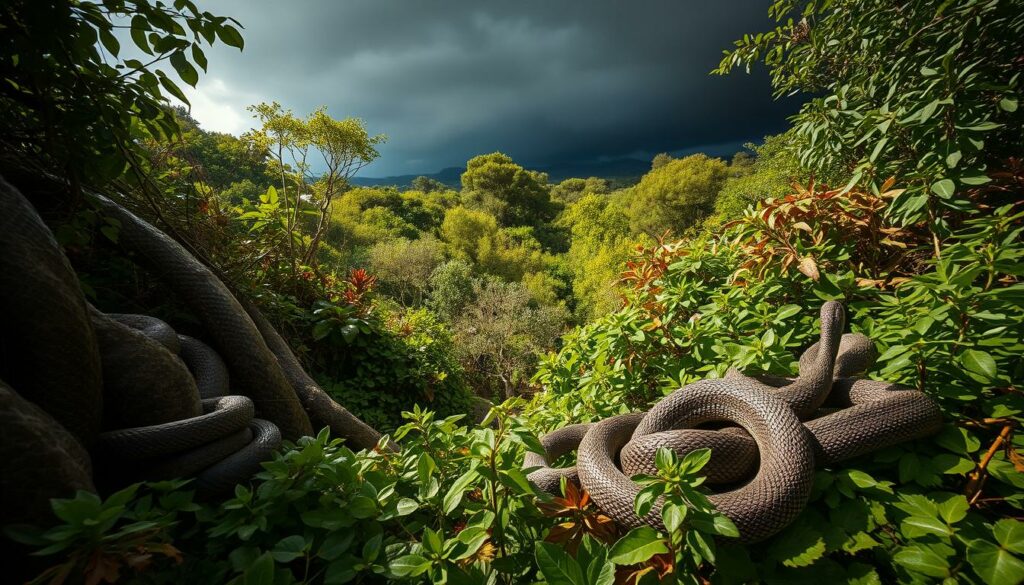 A dense, overgrown jungle landscape on the island of Mallorca, with sunlight filtering through the foliage. In the foreground, a group of invasive snake species coil and slither, their scales glistening with moisture. The middle ground features a mix of native and non-native vegetation, creating a sense of ecological imbalance. In the background, dark storm clouds loom, hinting at the environmental challenges facing the island. The scene conveys a sense of both wonder and unease, capturing the complex dynamics of the invasive snake problem on Mallorca.