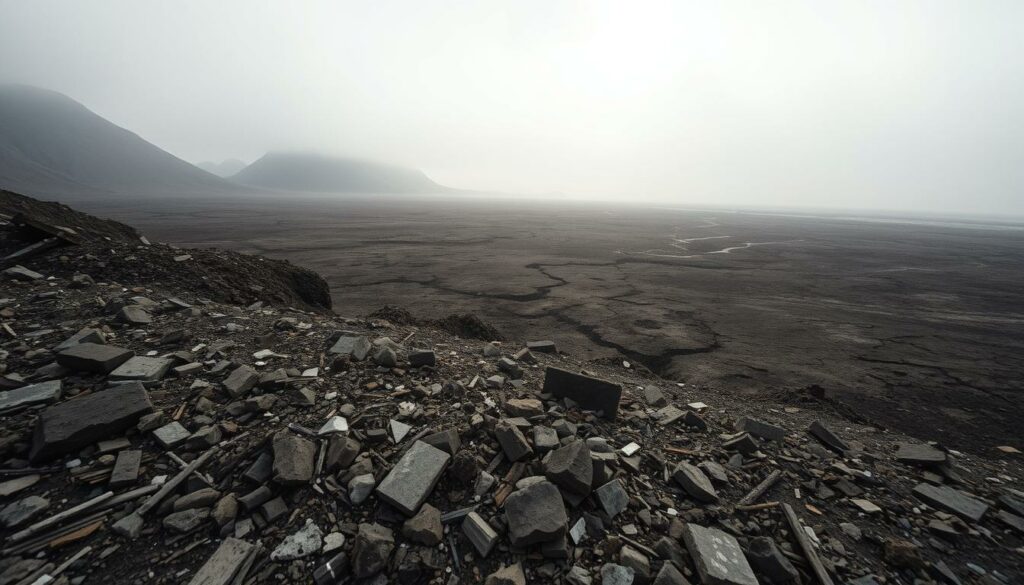 A desolate landscape of Kamchatka Peninsula, Russia, emerges from the aftermath of a powerful earthquake. In the foreground, rubble and debris litter the ground, testament to the devastation wrought by the seismic event. The middle ground reveals cracked and fractured earth, with fissures snaking across the terrain. In the distance, a hazy, overcast sky casts an ominous glow, heightening the sense of a natural disaster's impact. The scene is captured with a wide-angle lens, conveying the scale of the destruction. Muted tones of gray, brown, and ochre dominate the color palette, evoking a somber, melancholic atmosphere. This image powerfully depicts the aftermath and consequences of the powerful earthquake that shook the region.