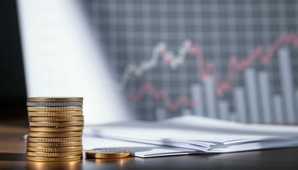 A detailed and well-composed scene showcasing the cost comparison of the MSCI World ETF. In the foreground, a sleek stack of coins and financial documents, meticulously arranged to highlight the nuances of ETF fees. The middle ground features a stylized chart or graph, its lines and data points elegantly displayed against a subtle background grid. Soft, directional lighting casts shadows and highlights the textural elements, creating a sense of depth and professionalism. The overall mood is one of thoughtful analysis, with a clean, minimalist aesthetic that reflects the technical nature of the subject matter.