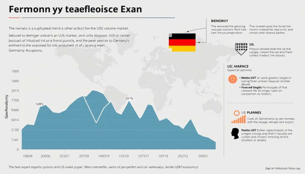 A detailed chart depicting the latest export figures and trends for Germany's US market. The foreground shows a line graph showcasing the fluctuations in export volumes over the past year, with key data points highlighted. The middle ground features a world map with Germany and the US prominently displayed, connected by trade arrows. The background presents a sleek, minimalist infographic design with supporting statistics and industry insights. The overall scene is rendered in a clean, modern aesthetic with muted tones, subtle shadows, and sharp contrast to emphasize the informative nature of the data visualization.