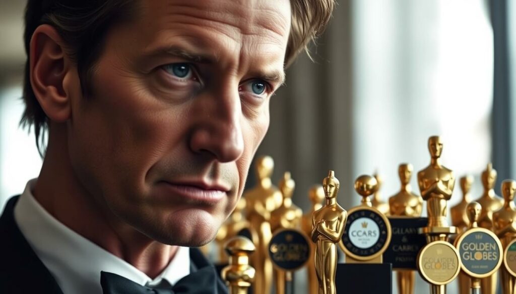 A detailed close-up portrait of acclaimed actor Bradley Cooper, showcasing his numerous awards and accolades. The foreground features Cooper's face in a pensive, introspective expression, lit by soft, directional lighting that accentuates his distinctive features. In the middle ground, a meticulously arranged display of his prestigious awards, including Oscars, Golden Globes, and BAFTAs, arranged in a visually striking and aesthetically pleasing manner. The background is blurred, creating a sense of depth and focus on the awards. The overall mood is one of accomplishment, recognition, and the culmination of a successful and acclaimed acting career.