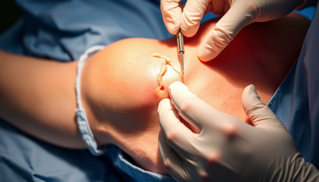 A detailed close-up view of a shoulder surgery procedure, specifically focusing on a labrum tear repair. The patient's arm is positioned on a sterile surgical drape, with the skin around the shoulder exposed and prepped for the operation. The surgeon's gloved hands are visible, meticulously working with specialized surgical tools to carefully suture and reattach the torn labrum tissue back to the shoulder socket. Bright surgical lighting illuminates the scene, casting a crisp, clinical atmosphere. The image conveys the precision and care required for this delicate orthopedic procedure, reflecting the medical nature of the article's subject matter.