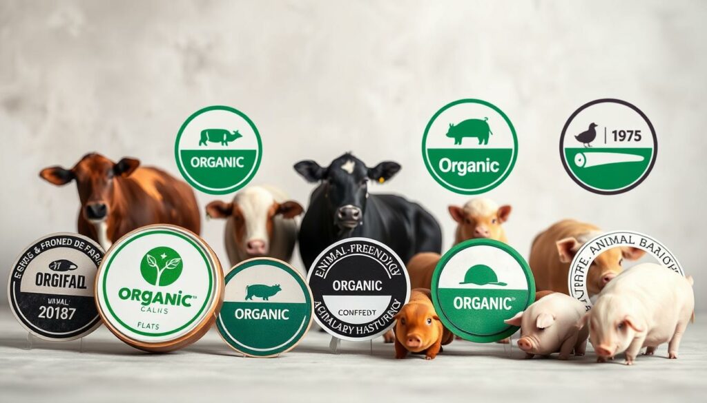 A detailed comparison of common organic food certification labels, showcasing their criteria for ethical animal husbandry. The foreground features an array of these seals, depicted with a clean, minimalist aesthetic and crisp, high-resolution rendering. The middle ground presents various farm animals - cows, chickens, pigs - in natural, free-range settings, emphasizing the "animal-friendly" claims of the certifications. The background subtly fades into a neutral, slightly textured studio backdrop, allowing the focus to remain on the labels and livestock. The overall mood is informative and objective, with balanced lighting and a neutral color palette to convey the factual nature of the comparison.
